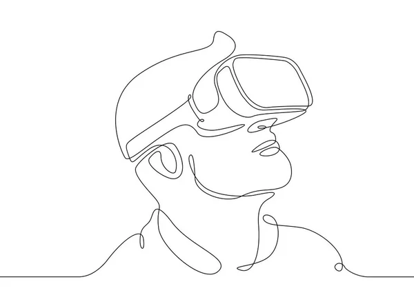 Garis kontinu menggambar Man dalam kacamata perangkat virtual reality - Stok Vektor