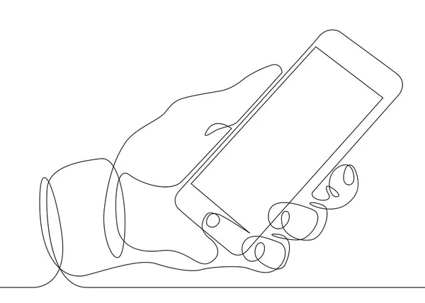Kontinuerlig linje ritning i hans hand telefon smartphone — Stock vektor