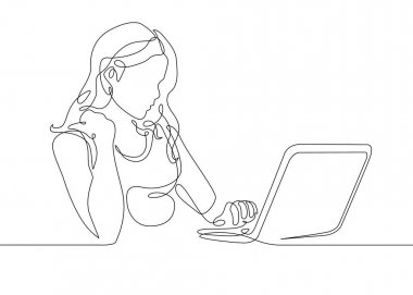 bir dizüstü bilgisayar sürekli çizgi çizme kız oturuyor