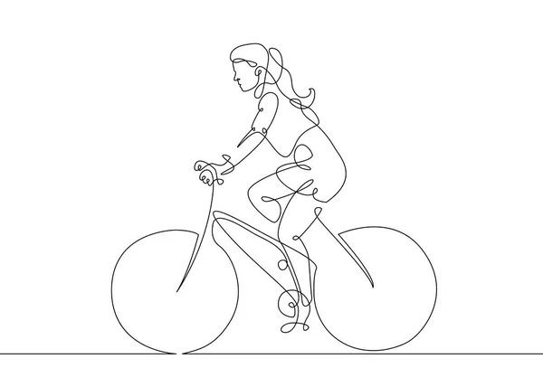 Línea continua dibujo mujer chica en una bicicleta — Archivo Imágenes Vectoriales