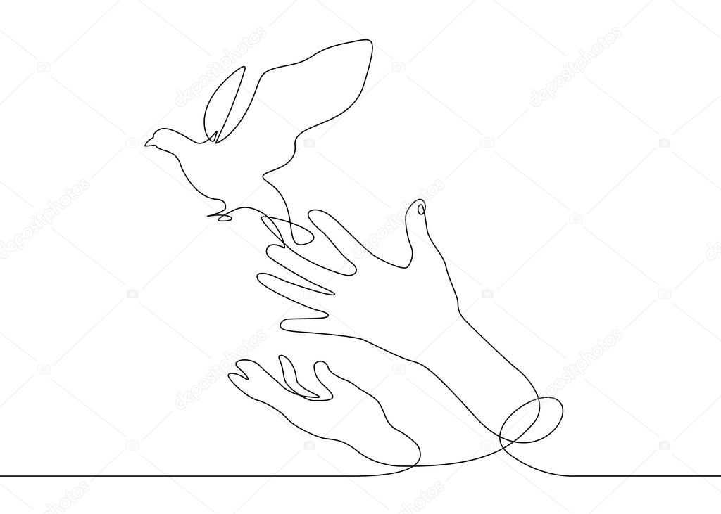continuous line drawing bird from hand to flight