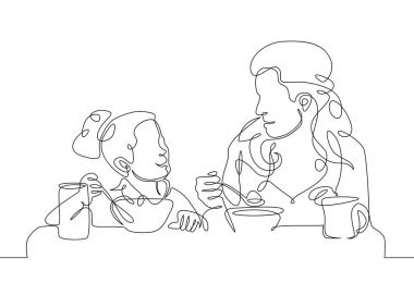 Continuous single line one morning, breakfast, meal character at the table. Coffee, fried eggs, tea, toast, juice.Girl daughter with mother woman having breakfast together vector Continuous single line one morning, breakfast, meal character at the table. Coffee, fried eggs, tea, toast, juice.Girl daughter with mother woman having breakfast together vector