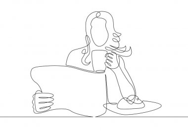 Continuous single line one morning, breakfast, meal character at the table. Coffee, fried eggs, tea, toast, juice.The girl is having breakfast at the table. Reading newspaper. vector Continuous single line one morning, breakfast, meal character at the table. Coffee, fried eggs, tea, toast, juice.The girl is having breakfast at the table. Reading newspaper. vector