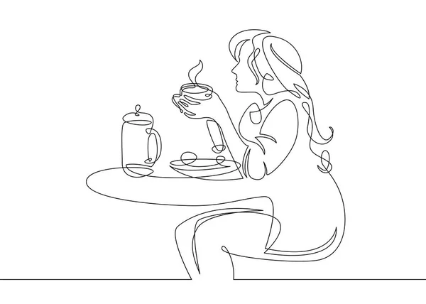 Ligne individuelle continue un matin, petit déjeuner, caractère repas à la table. Café, oeufs frits, thé, pain grillé, jus de fruits. La fille prend le petit déjeuner à table. — Image vectorielle