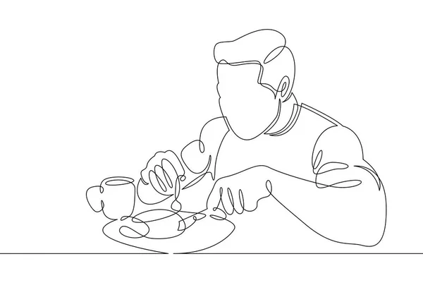 Linha única contínua uma manhã, café da manhã, personagem refeição na mesa. Café, ovos fritos, chá, torradas, sumo.O cara é um homem que toma café da manhã e bebe café. Estilo de vida atlético e saudável . —  Vetores de Stock