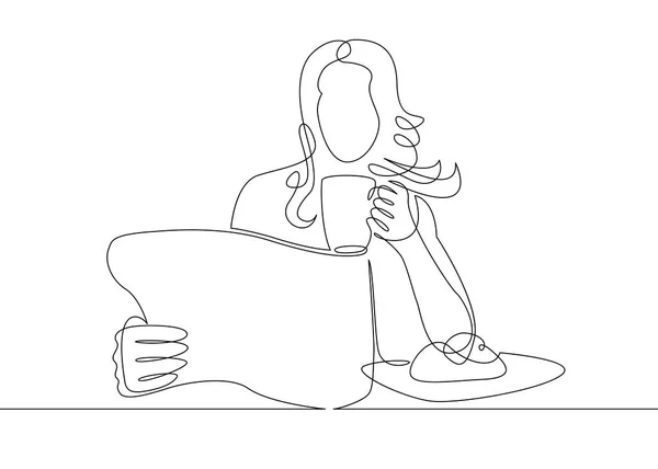 Línea única continua una mañana, desayuno, carácter de la comida en la mesa. Café, huevos fritos, té, tostadas, jugo.La chica está desayunando en la mesa. Lectura de periódico . — Vector de stock