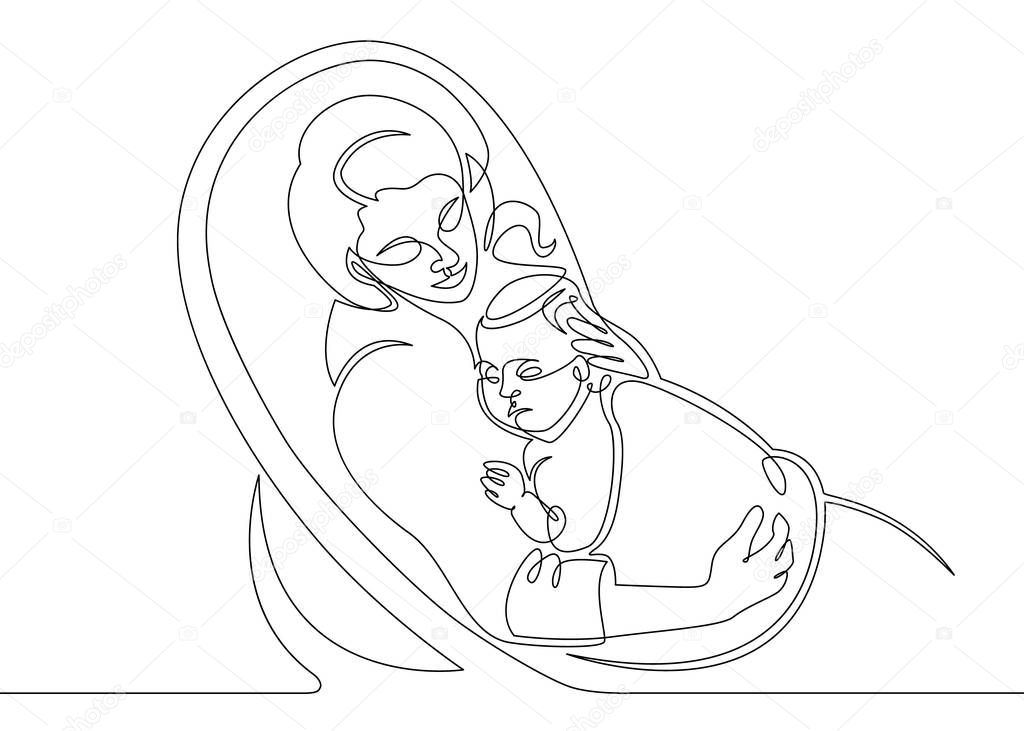 Logo with mother holding her baby. Continuous line drawing vector illustration. sleeping on pillow - single line drawing.