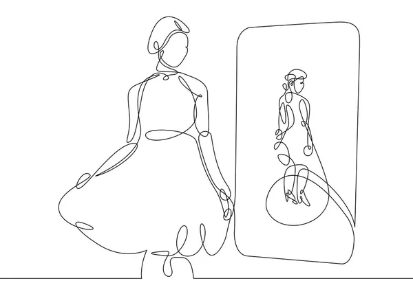 Kontinuální jediný jeden nakreslené čáry ženy, ženy v večerní šaty kostým nosí před zrcadlem. Pojetí módy je make-up. — Stockový vektor