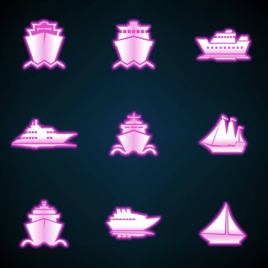 Gemiler, tekneler, kargo, Lojistik, nakliye ve parlak neon UI ux simge simgeler, nakliye. İşareti logo vektör parlayan