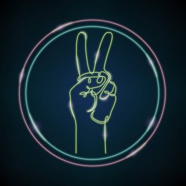 Sürekli tek bir çizilmiş çizgiyi logo zafer daire el sembolü. Neon parlak parlaklık illüstrasyon.