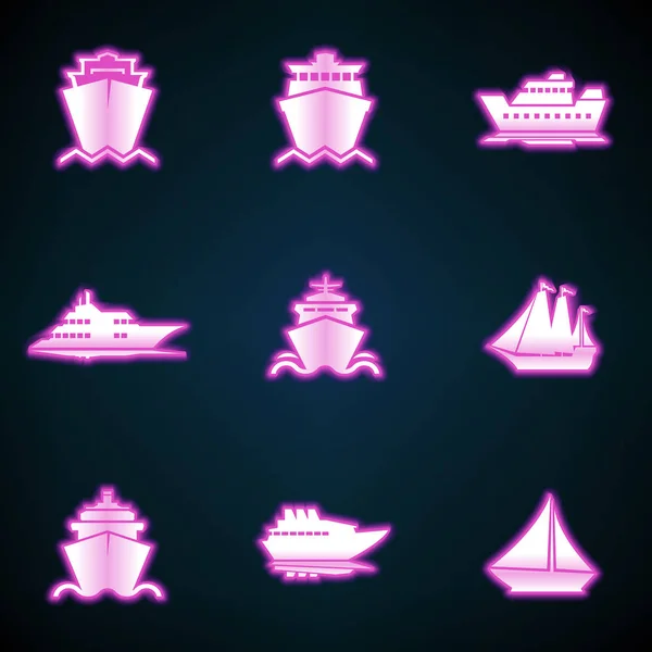 Schepen, boten, lading, logistiek, transport en scheepvaart pictogrammen, gloeiende neon ui ux pictogram. Glowing teken logo vector — Stockvector