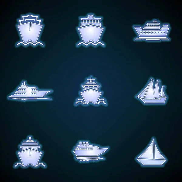 Navios, barcos, carga, logística, transporte e ícones de transporte. Ícone fino de néon moderno de navio em fundo azul. Vetor Sinal brilhante logotipo ilustração isolada —  Vetores de Stock