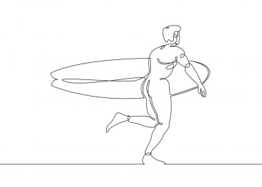 Sahilde bir dalga kret üzerinde sörf tahtası üzerinde sürekli bir tek çizilmiş sörfçü çizgi