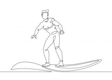 Sahilde bir dalga kret üzerinde sörf tahtası üzerinde sürekli bir tek çizilmiş sörfçü çizgi