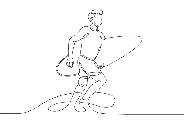 Continuous uma única linha de surfista desenhada em uma prancha de surf na crista de uma onda na praia — Vetor de Stock