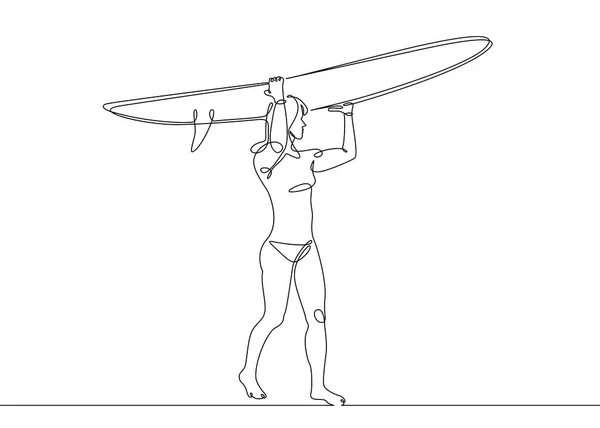 Kontinuierlich eine einzelne gezogene Surferleine auf einem Surfbrett auf dem Kamm einer Welle am Strand — Stockvektor