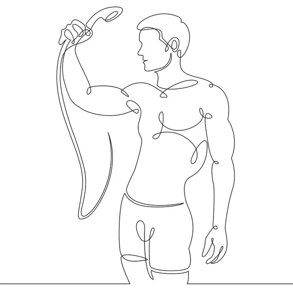 Uma única linha contínua desenhada por um homem em uma sauna, sala de vapor, chuveiro . —  Vetores de Stock