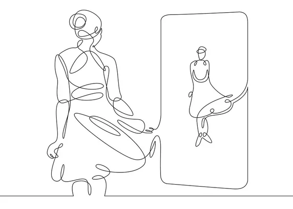 Непрерывная одинокая нарисованная линия женщины, женщины в вечернем костюме носили перед зеркалом. Понятие моды - это макияж . — стоковый вектор
