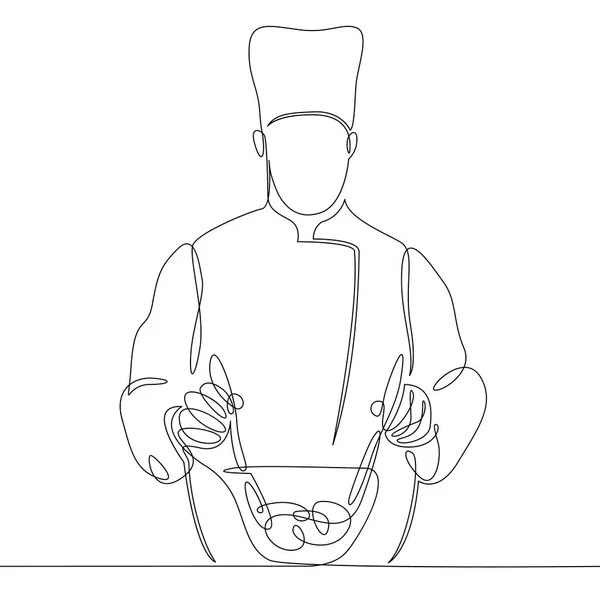 Continuous line drawing of chef cooking gourmet meal, prepping food