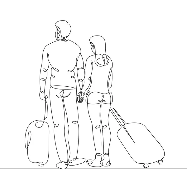 Непрерывная одинокая линия проведена линия пара влюбленных туристов молодожены с багажом — стоковый вектор