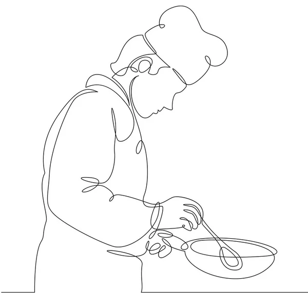 Continuous line drawing of chef cooking gourmet meal, prepping food — Stock Vector