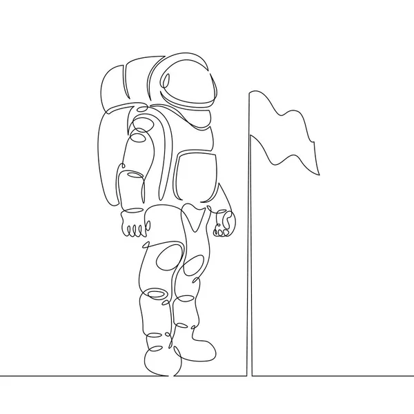 Singolo continuo disegnato un astronauta linea, astronauta sulla luna con spazio bandiera — Vettoriale Stock