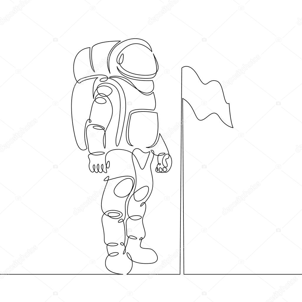 Continuous single drawn one line astronaut, astronaut on the moon with flag space