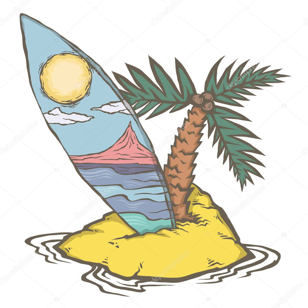 Vector color image of a surfboard in the sand of the beach. Board with the sea and sky background