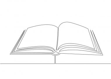 Beyaz sayfaları olan açık bir kitap. Devamlı çizgi çizimi. Vektör illüstrasyonu