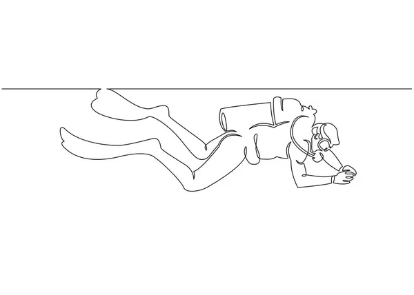 지속적인 단일 한 그려진된 스쿠버 다이 버 라인 수 중 바다에. 스포츠의 개념은 스쿠버 다이빙 여행. — 스톡 벡터