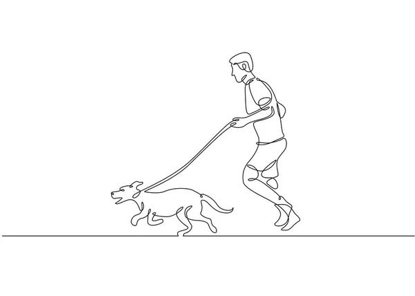 犬と一緒に走っている人の 1 つの線の描画 — ストックベクタ