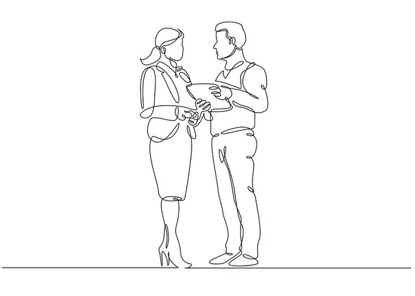 Desenho em linha contínua de homem e mulher discutindo o trabalho — Vetor de Stock