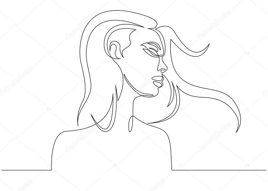 Continuous line drawing. Abstract portrait of a woman side view. Vector illustration.