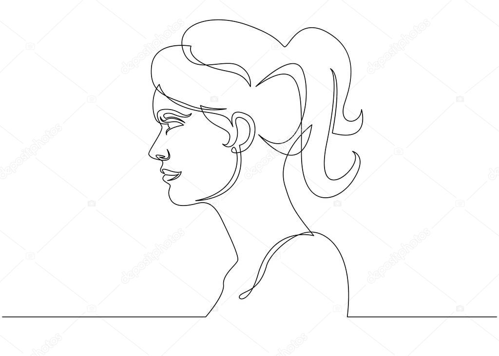 Continuous line drawing. Abstract portrait of a woman side view. Vector illustration.