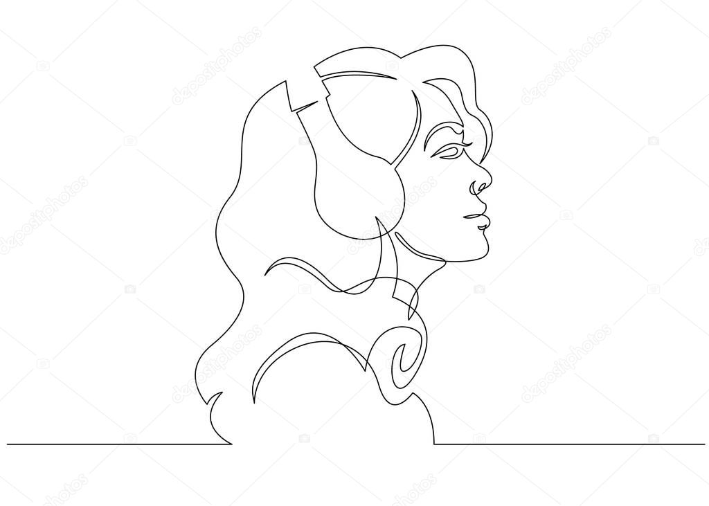 Continuous line drawing. Abstract portrait of a woman side view. Vector illustration.