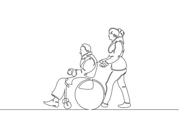 Dessin continu d'une ligne. Volontaire poussant fauteuil roulant avec vieil homme handicapé. Aider les personnes âgées et malades. Illustration vectorielle totale modifiable, choisissez l'épaisseur et le lieu de ligne — Image vectorielle