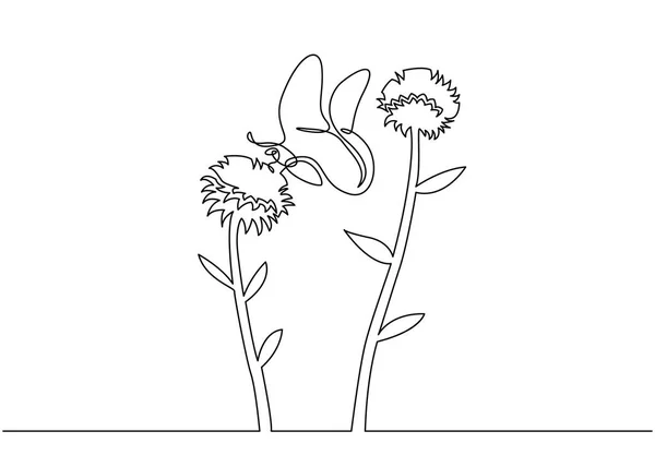 Schöne Blume mit Schmetterling. durchgehende Zeichenzeichnung einer Linie. Vektorillustration — Stockvektor