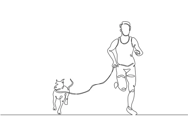 Um desenho de linha de homem correndo com cão —  Vetores de Stock