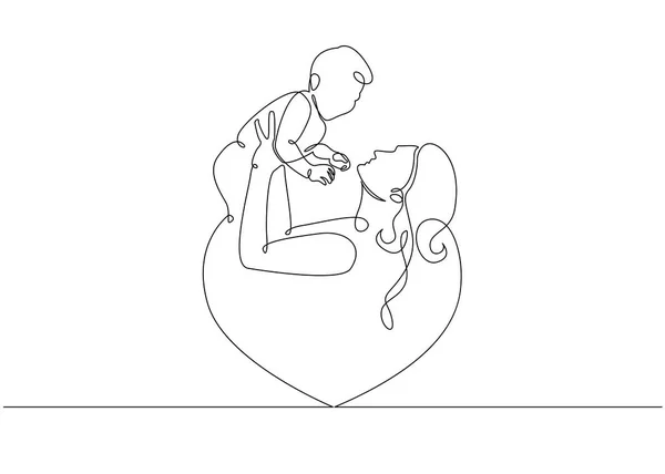 Logotipo com a mãe segurando seu bebê com forma de coração. Ilustração vetorial de arte de linha contínua — Vetor de Stock