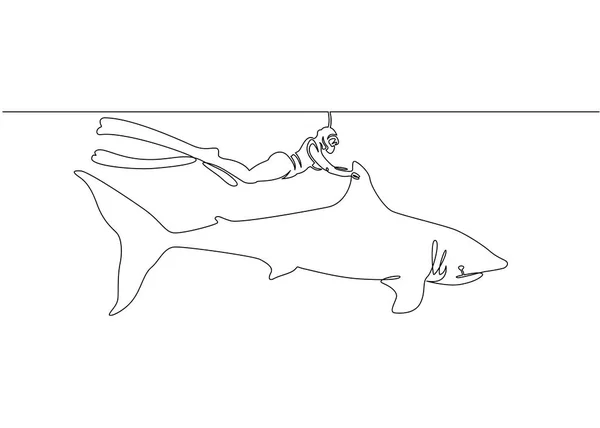 Singolo continuo disegnato una linea di un subacqueo con una fotocamera e uno squalo sott'acqua — Vettoriale Stock