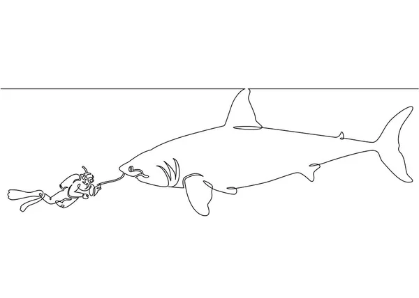 Kontinuierliche Einzellinie eines Tauchers mit einer Kamera und einem Hai unter Wasser — Stockvektor