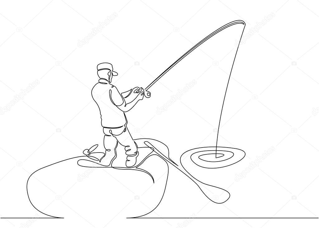 Continuous single drawn one line fisherman in a boat and pier on a fishing trip