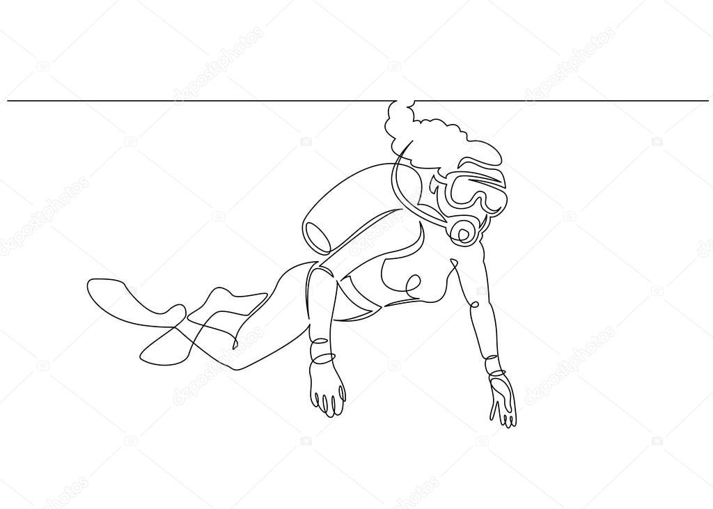 Continuous single one drawn scuba diver line underwater in the sea. The concept of sport is a