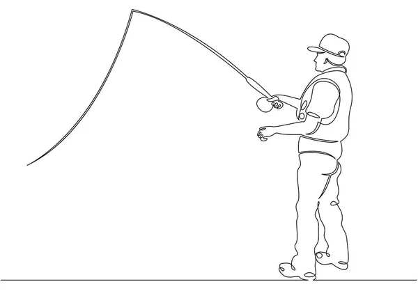 Continuous único desenhado pescador de uma linha em um barco e cais em uma viagem de pesca —  Vetores de Stock