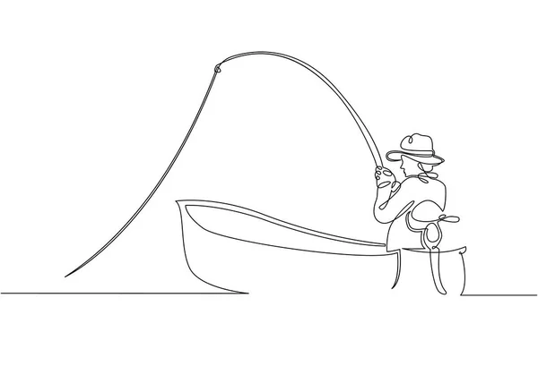 Continu simple dessiné un pêcheur de ligne dans un bateau et jetée lors d'un voyage de pêche — Image vectorielle