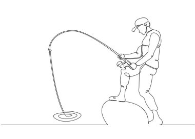 Sürekli tek çizilmiş bir satır balıkçı tekne ve İskele Balık tutma gezisi