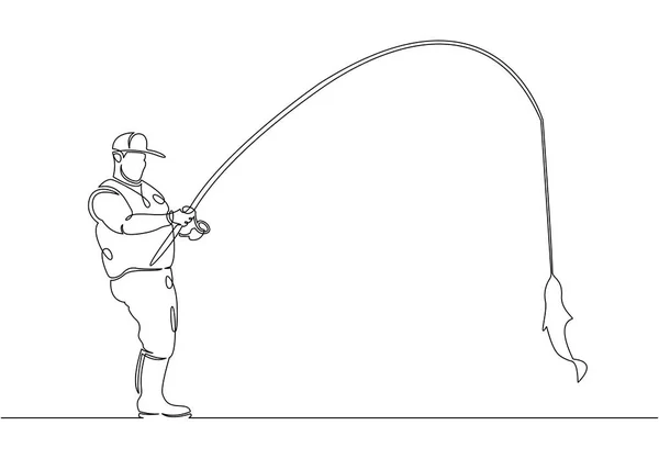 ボートと桟橋釣り旅行に連続的な単一描かれた 1行漁師 — ストックベクタ