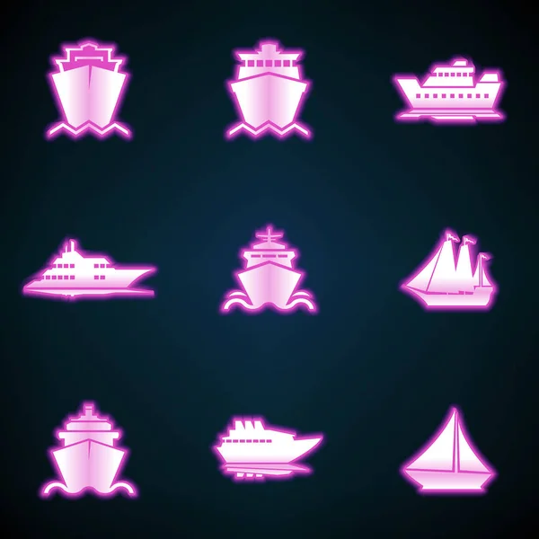 Ships, boats, cargo, logistics, transportation and shipping icons, glowing neon ui icon. Светящийся логотип — стоковое фото