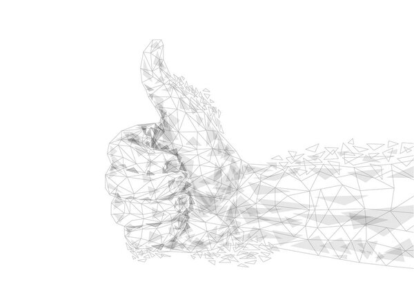 Abstract hand Thumb up the high tower polygonal, geometry triangle. Light connection structure. Low poly vector background. Business concept