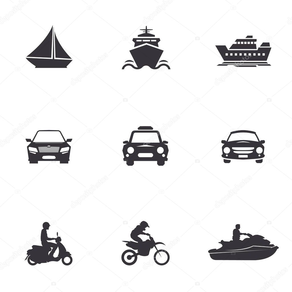 Character set of logos of transportation, merchant ships, car, scooter, jet ski, water bike, motorcycle, motocross bikes, cross,sailboat, yacht